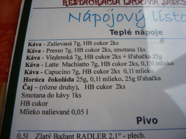Nabídka kávy v Restaurant Ľadová